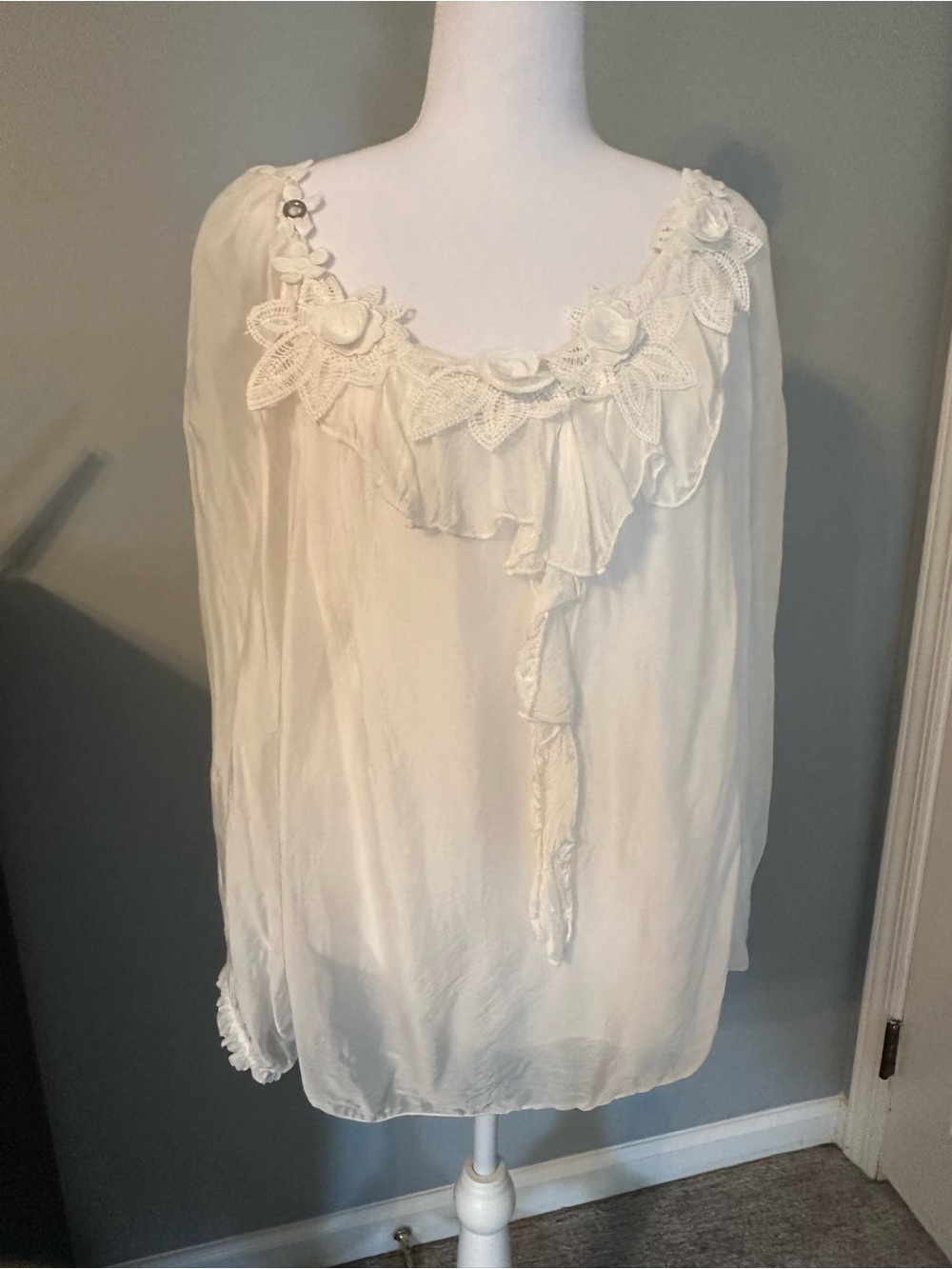 Romantic Cream Lace-Trim Women's Blouse